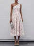 Pink One Shoulder Floral Sleeveless A-Line Midi Dress