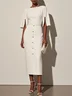 White Buckle Classic Crew Neck Short Sleeve Sheath Midi Dress