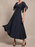 Purplish blue Chiffon V Neck Short Sleeve Bell Sleeve A-Line Midi Dress