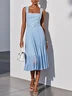 Light Blue Pleated Classic Square Neck Sleeveless A-Line Midi Dress