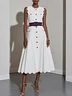 White Buckle Classic Crew Neck Sleeveless A-Line Midi Dress