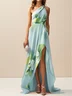 Light Blue Asymmetric Floral Classic One Shoulder Sleeveless A-Line Maxi Dress