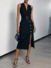 Black Buckle Slit Classic V Neck Sleeveless Sheath Midi Dress