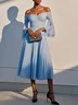 Light Blue Pleated Chiffon Off The Shoulder Half Sleeve Bell Sleeve A-Line Midi Dress