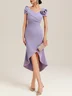 Lavender Purple Ruched 3D Floral Classic V Neck Short Sleeve Sheath Midi Dress