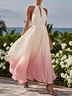 Pink Chiffon Halter Ombre Pearl Cut Out Sleeveless A-Line Mock Neck Maxi Dress