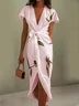 Pink Floral Satin V Neck Cap Sleeve Sheath Midi Dress