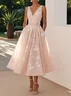 Light Pink Embroidered V Neck Sleeveless A-Line Midi Dress