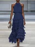 Purplish Blue Peplum Chiffon Halter Sleeveless A-Line Maxi Dress