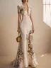 Beige Classic Floral Deep V Neck Short Sleeve Mermaid Gown Dress