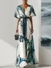 Blue Classic Floral V Neck Short Sleeve A-Line Maxi Dress