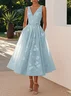 Light Blue Bow Embroidery Classic V Neck Sleeveless A-Line Midi Dress