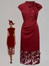 Wine Red Butterfly Lace Crew Neck Cap Sleeve Sheath Midi Dress