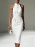 White Buckle Ruched Classic Halter Sleeveless Sheath Midi Dress