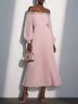 Pink Pleated Chiffon Off The Shoulder Long Sleeve Balloon Sleeve A-Line Maxi Dress