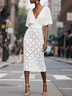 White Hollow Out Classic V Neck Short Sleeve Sheath Midi Dress