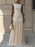 Off White Pleated Classic Boat Neck Sleeveless A-Line Maxi Dress