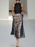 Black Mesh Classic Crew Neck Sleeveless A-Line Midi Dress