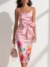 Pink Bow Floral Square Neck Sheath Midi Satin Dress