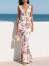 White Bow Floral V Neck Sleeveless Mermaid Gown Satin Dress