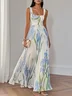 Light Blue Pleated Floral Chiffon Square Neck Sleeveless A-Line Maxi Dress