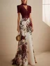 Wine Red Lace Floral Classic V Neck Short Sleeve A-Line Maxi Dress