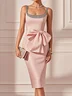 Pink Hotfix Embellished Bow Classic Crew Neck Sleeveless Sheath Midi Dress