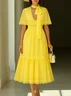 Yellow Gathered Lace Chiffon V Neck Half Sleeve Raglan Sleeves Sheath Midi Dress