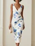 White Floral Classic V Neck Sleeveless Sheath Midi Dress