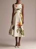 Beige Floral Boat Neck Sleeveless A-Line Midi Dress