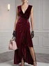 Wine Red Rhinestone Peplum Velvet V Neck Sleeveless A-Line Midi Dress