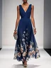 Navy Blue Floral Chiffon V Neck Sleeveless A-Line Maxi Dress