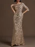 Rose Gold Sequin Crew Neck Three Quarter Sleeve Mermaid Gown Mother of the Bride or Groom Dress