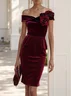 Wine Red 3D Floral Peplum Velvet Off The Shoulder Short Sleeve Sheath Midi Dress