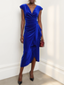 Blue Ruched Velvet V Neck Cap Sleeve A-Line Maxi Dress