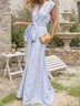 Light Blue Bow Linen Lapel Collar Cap Sleeve A-Line Maxi Dress