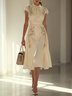 Apricot Embroidery Bow Classic Shawl Collar Cap Sleeve A-Line Midi Dress