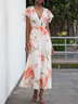 Orange Red Chiffon V Neck Short Sleeve Bell Sleeve A-Line Midi Dress