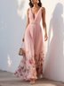 Pink Pleated Floral Deep V Neck A-Line Maxi Chiffon Dress