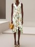 Off White Printing Asymmetric Satin V Neck Sleeveless Mermaid Midi Dress