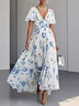 Blue Floral Chiffon V Neck Short Sleeve A-Line Maxi Dress