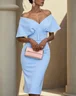 Blue Sash Classic Off The Shoulder Sleeveless Sheath Midi Dress
