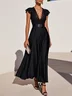 Black Lace Satin V Neck Short Sleeve A-Line Midi Dress
