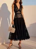 Black Lace V Neck Sleeveless A-Line Midi Dress
