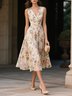 Beige Ruched Floral Chiffon V Neck Sleeveless A-Line Midi Dress