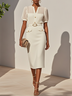Apricot Pleated Classic Notched Neckline Short Sleeve Sheath Midi Two Piece Set