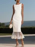 White Lace Classic Boat Neck Sleeveless Mermaid Midi Dress