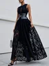 Black Lace Hollow Out Crew Neck Sleeveless A-Line Maxi Dress