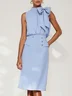 Women Blue Bow Buckle Crew Neck Sleeveless Two-Piece Set