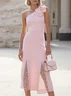 Pink 3D Floral Lace Classic One Shoulder Sleeveless Mermaid Midi Dress